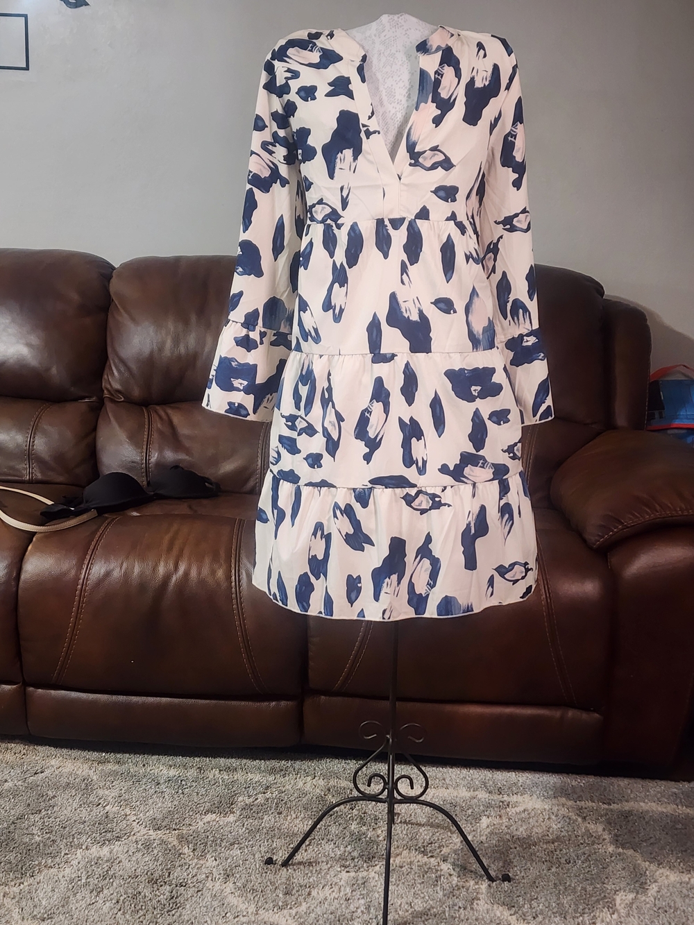 Women’s White and Navy Printed V-Neck Tiered Dress